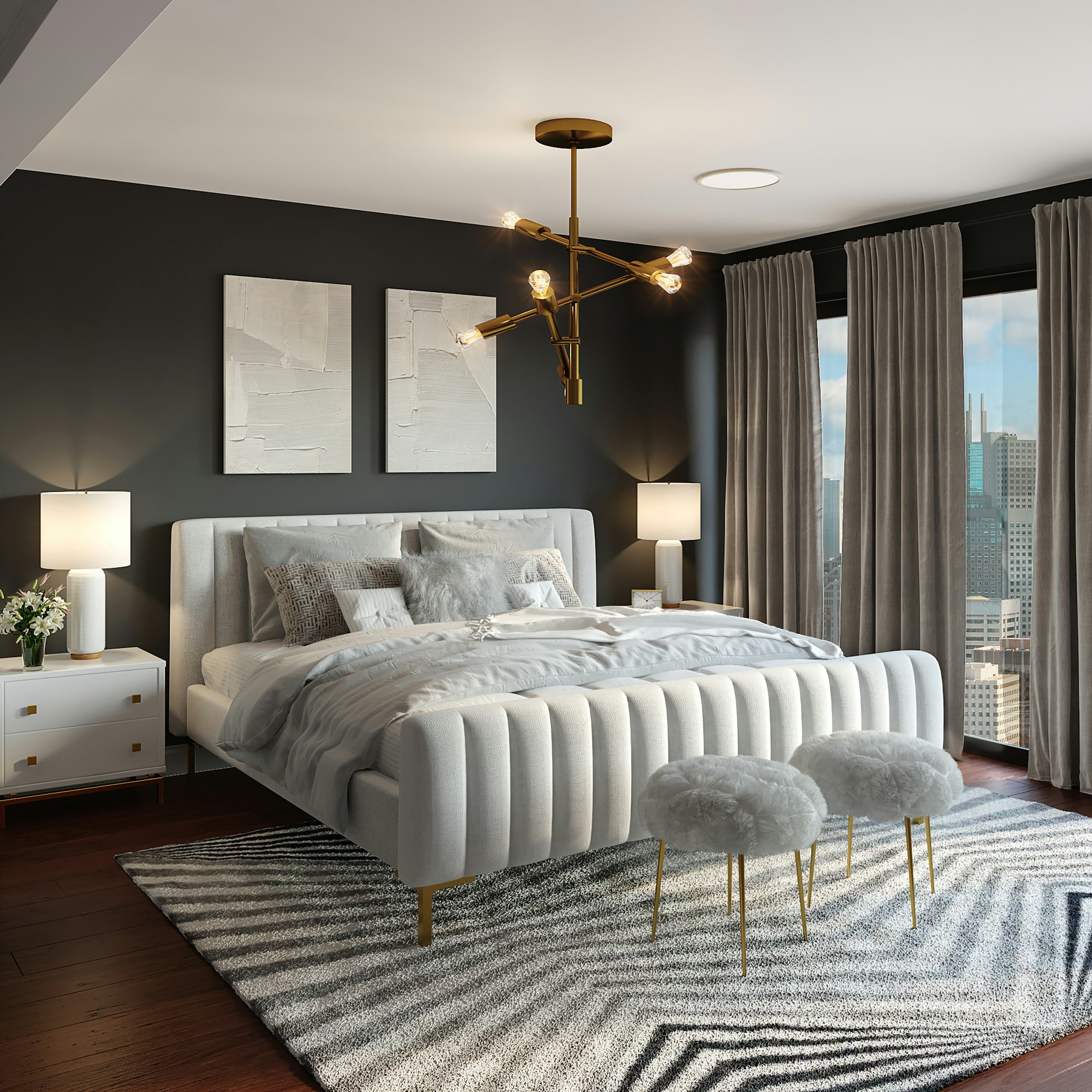 A finished bedroom interior with warm timber panelling and soft daylight.