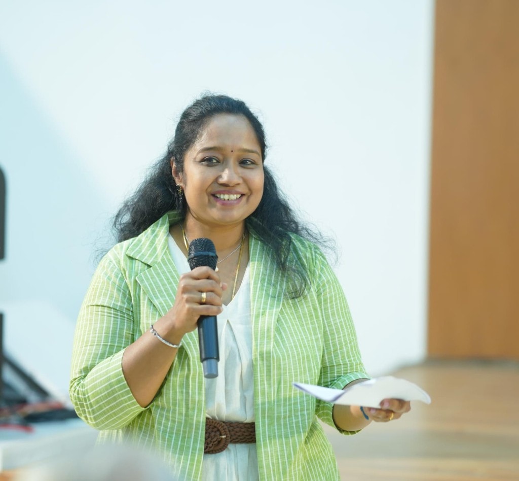 Sangeetha, principal architect of Studio Spetia, speaking at an event