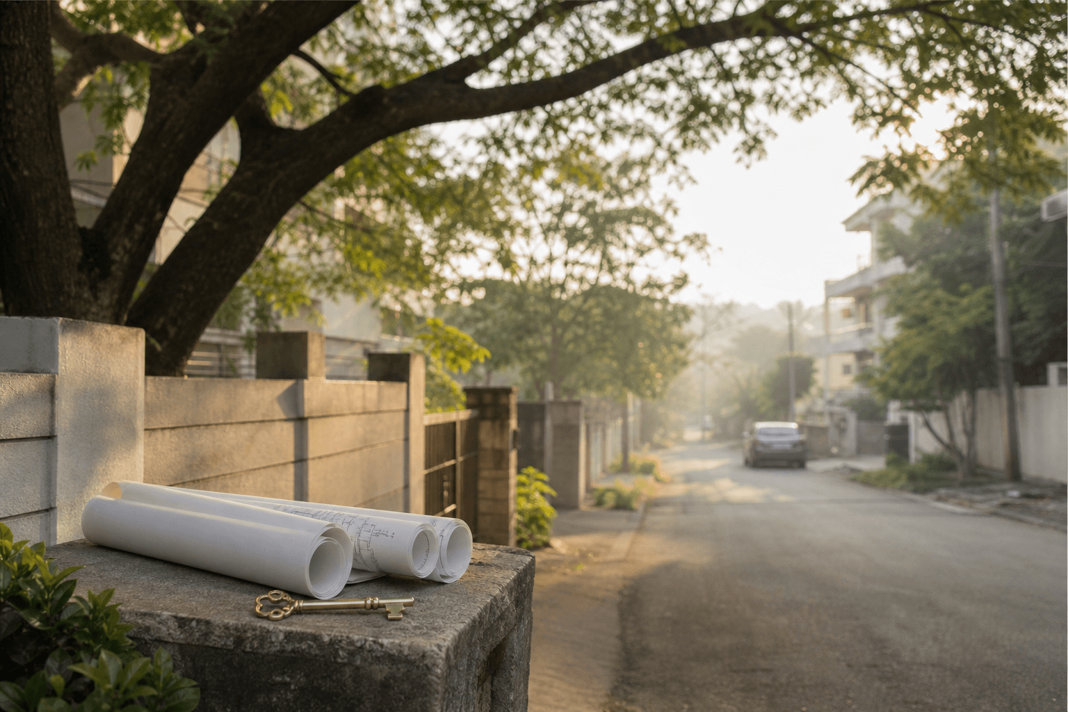 Architectural drawings and keys on a Bangalore residential street